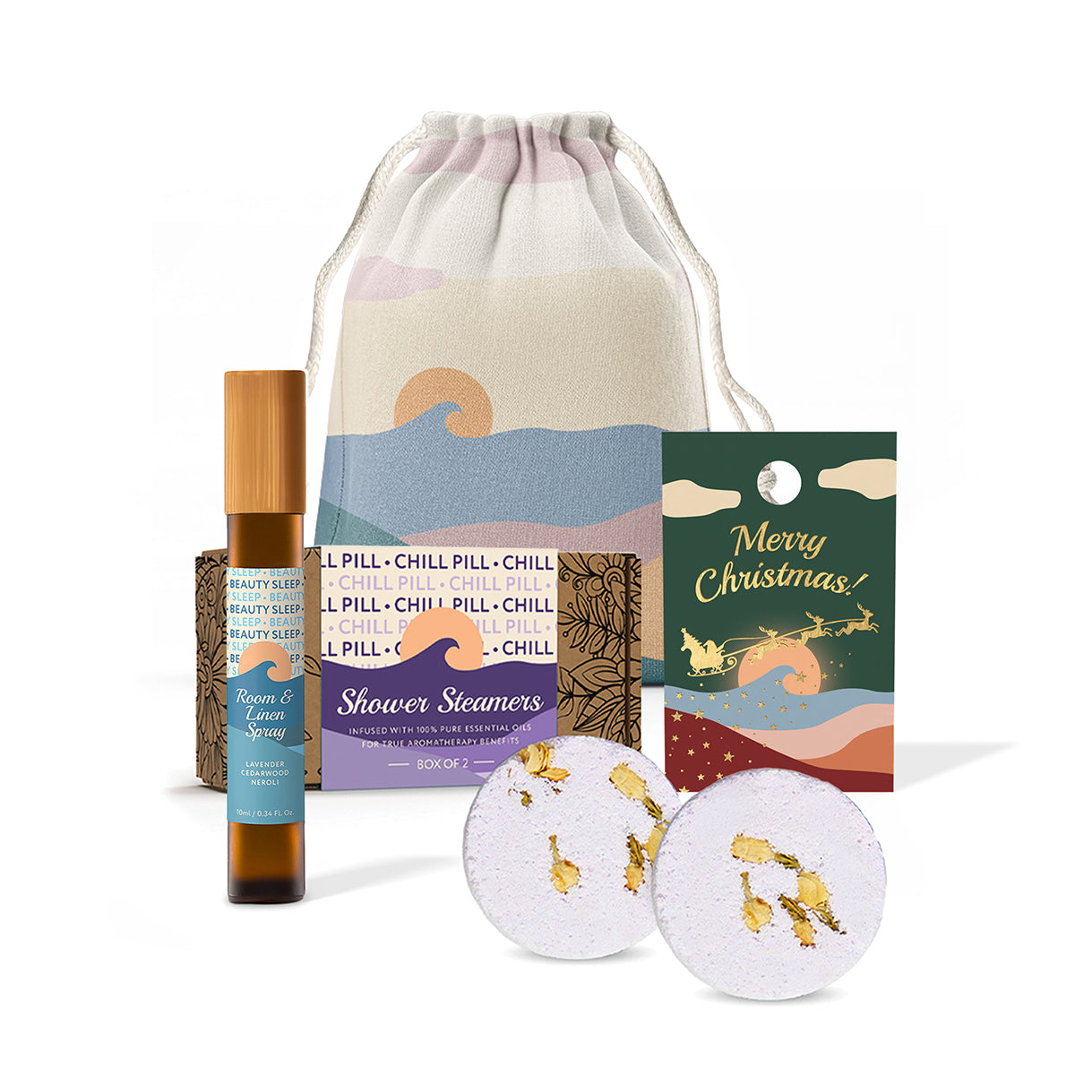 Xmas Twin Shower Steamer + Linen Spray 10ml Set